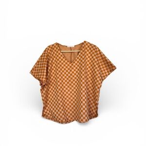 Burnt Orange Retro Gingham Checkered Short Sleeve Lounge Shirt